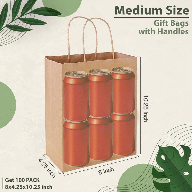 Ginkgo 100 Pcs Paper Gift Bags with Handles, Medium Size Brown Paper Bags 8x4.25x10.25 Inch, Kraft Bag Bulk for Party, Favor, Holiday, Goodie, Grocery and Shopping - Image 2
