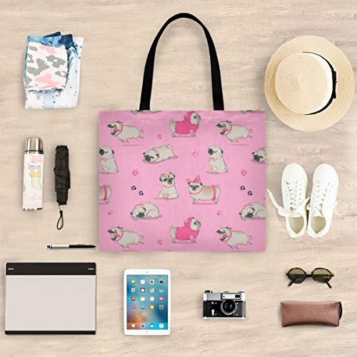 visesunny Women's Extra Large Canvas Tote Shoulder Bag Cute Cartoon Pug Top Storage Handle Shopping Bag Casual Reusable Tote Bag for Beach,Travel,Groceries,Books - Image 3