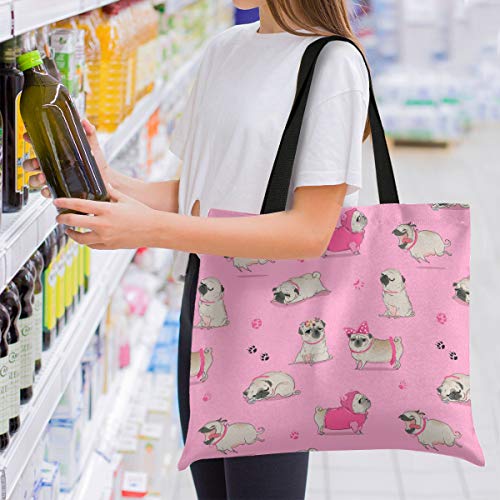 visesunny Women's Extra Large Canvas Tote Shoulder Bag Cute Cartoon Pug Top Storage Handle Shopping Bag Casual Reusable Tote Bag for Beach,Travel,Groceries,Books - Image 2