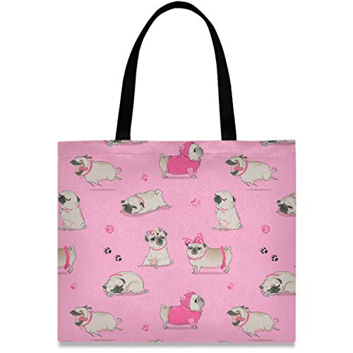 visesunny Women's Extra Large Canvas Tote Shoulder Bag Cute Cartoon Pug Top Storage Handle Shopping Bag Casual Reusable Tote Bag for Beach,Travel,Groceries,Books - Image 1