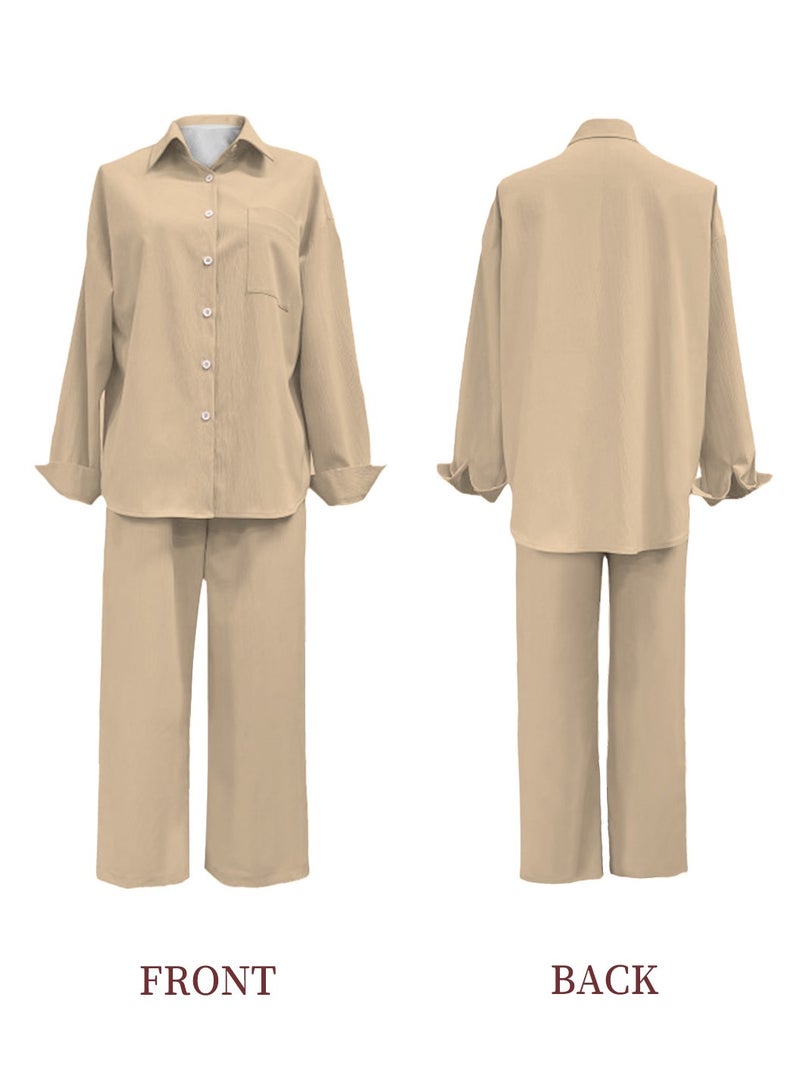Moovant 2-Piece Women's Cotton and Linen Clothes Set, Long-sleeved Shirt + Loose Pants Set, Ladies Casual Shirt Suit, Soft Skin-friendly Long-Sleeve Lapel Shirt, Apricot  - Image 2