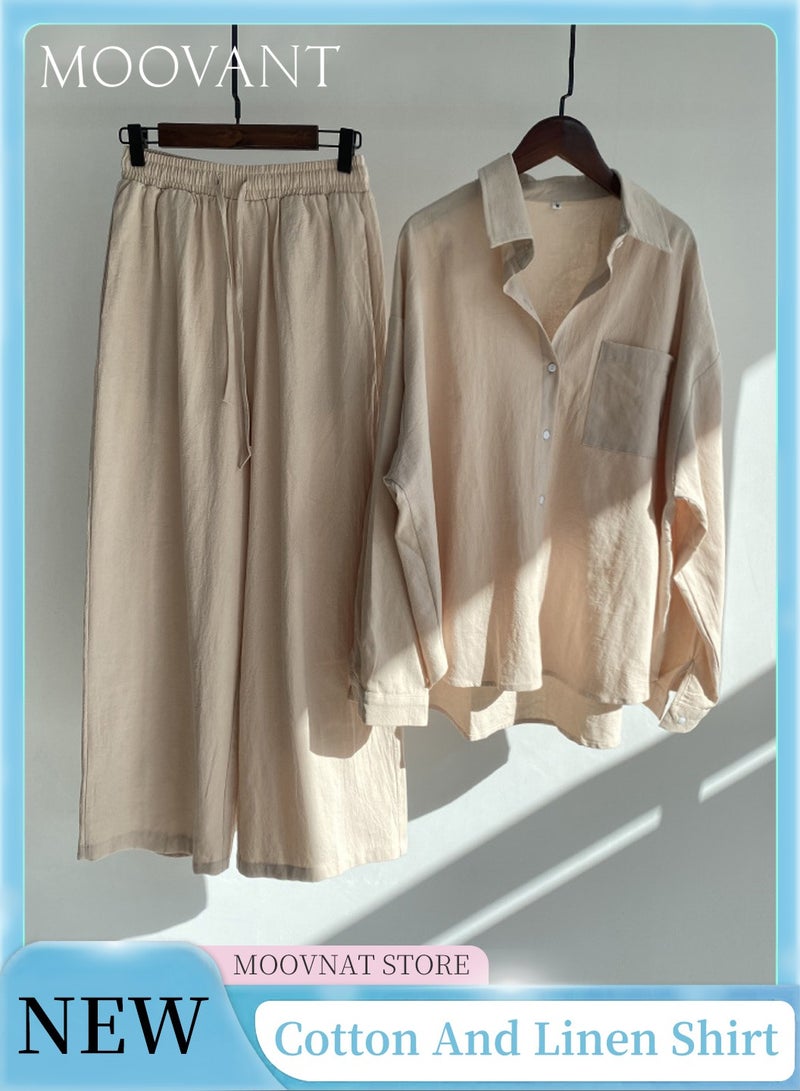 Moovant 2-Piece Women's Cotton and Linen Clothes Set, Long-sleeved Shirt + Loose Pants Set, Ladies Casual Shirt Suit, Soft Skin-friendly Long-Sleeve Lapel Shirt, Apricot  - Image 1