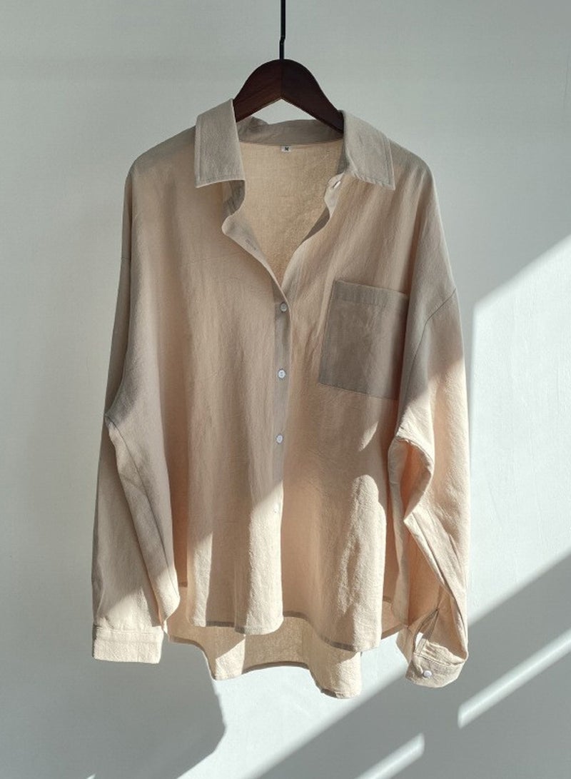 Moovant 2-Piece Women's Cotton and Linen Clothes Set, Long-sleeved Shirt + Loose Pants Set, Ladies Casual Shirt Suit, Soft Skin-friendly Long-Sleeve Lapel Shirt, Apricot  - Image 5