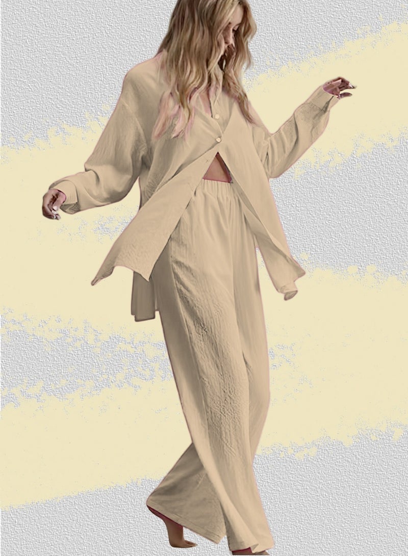 Moovant 2-Piece Women's Cotton and Linen Clothes Set, Long-sleeved Shirt + Loose Pants Set, Ladies Casual Shirt Suit, Soft Skin-friendly Long-Sleeve Lapel Shirt, Apricot  - Image 3