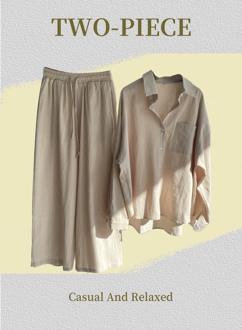 Moovant 2-Piece Women's Cotton and Linen Clothes Set, Long-sleeved Shirt + Loose Pants Set, Ladies Casual Shirt Suit, Soft Skin-friendly Long-Sleeve Lapel Shirt, Apricot  - Image 4