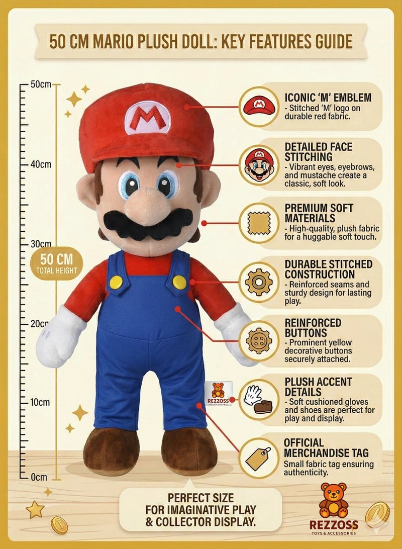 REZZOSS Plush Toy Super Mario Plush Toy 50cm – Large Soft Stuffed Animal Doll for Kids | Classic Nintendo Character Figure with Red Hat & Blue Overalls | Cuddly Bedtime Pillow Buddy | Best Birthday Gift for Boys & Girls 3+ - Image 3