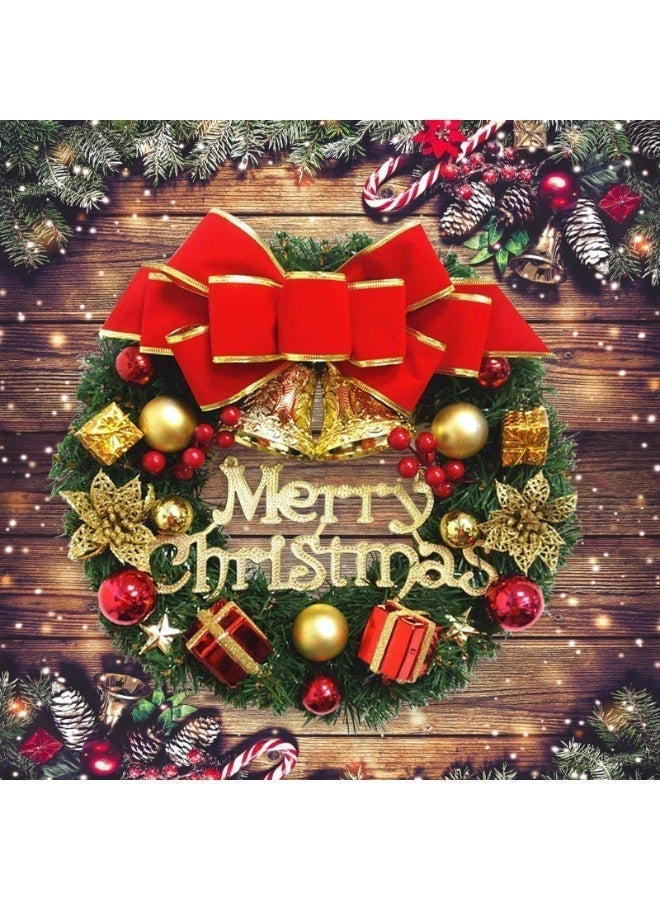 Christmas wreath adorned with gold bows, red and yellow pom-poms, bells, and 20 LED lights. Suitable for indoor or outdoor hanging, and can be used as a porch decoration and wall decoration (12 inches). - Image 5