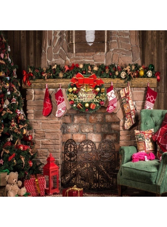 Christmas wreath adorned with gold bows, red and yellow pom-poms, bells, and 20 LED lights. Suitable for indoor or outdoor hanging, and can be used as a porch decoration and wall decoration (12 inches). - Image 2