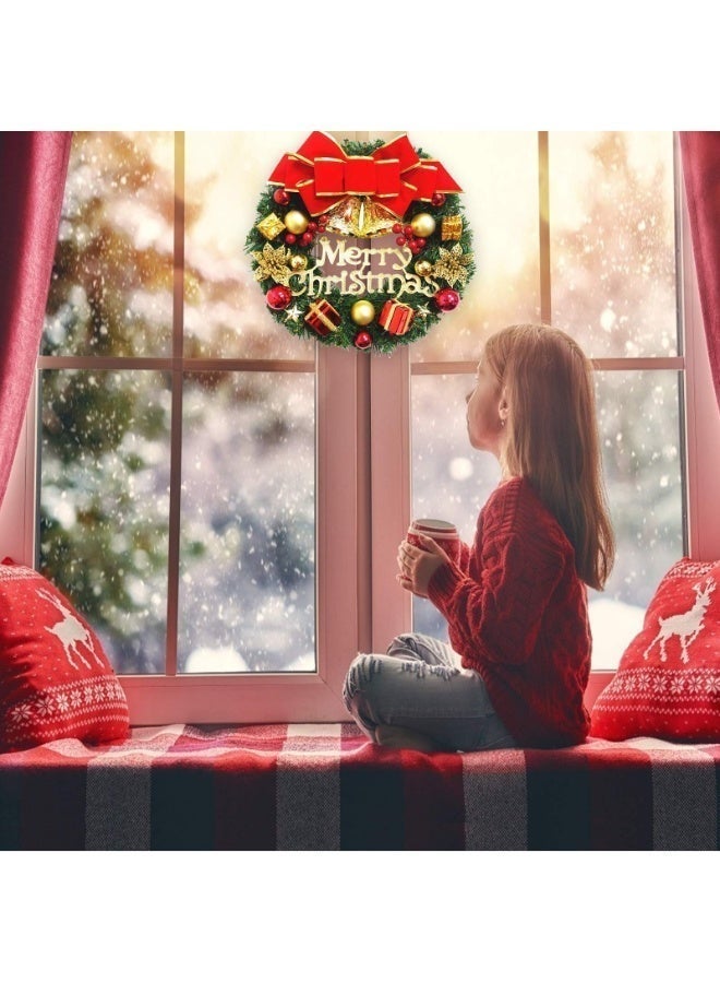 Christmas wreath adorned with gold bows, red and yellow pom-poms, bells, and 20 LED lights. Suitable for indoor or outdoor hanging, and can be used as a porch decoration and wall decoration (12 inches). - Image 4