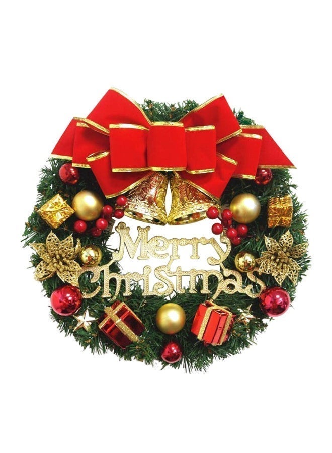 Christmas wreath adorned with gold bows, red and yellow pom-poms, bells, and 20 LED lights. Suitable for indoor or outdoor hanging, and can be used as a porch decoration and wall decoration (12 inches). - Image 1
