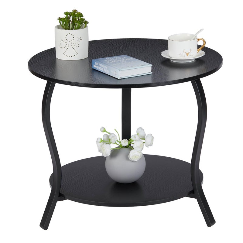 YEAKOO Small Round Coffee Table with Open Storage,23" 2-Tier Coffee Side Tables for Small Space, Accent Center Table Circle Sofa End Table with Wooden Table Top for Living Room Bedroom Apartment,Black - Image 1