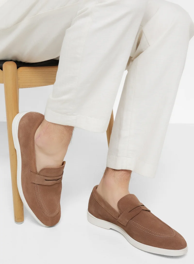 Robert Wood Genuine Suede Leather Saddle Detail Casual Slip On Loafers