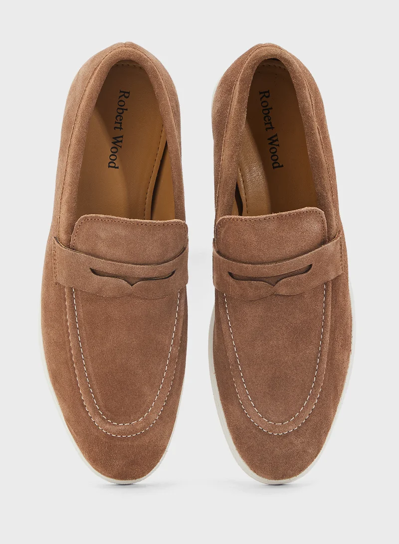 Robert Wood Genuine Suede Leather Saddle Detail Casual Slip On Loafers