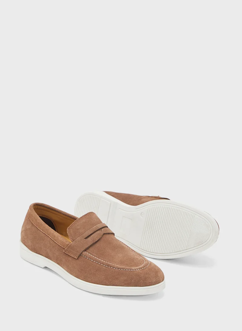 Robert Wood Genuine Suede Leather Saddle Detail Casual Slip On Loafers