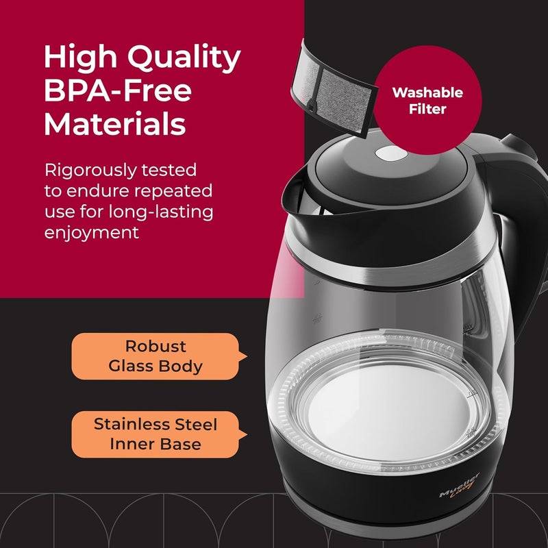 Mueller Living Electric Kettle, Electric Tea Kettle for Boiling Water, 1500W SpeedBoil with Automatic Shutoff, 1.8L Cordless with LED Light, Borosilicate Glass Tea Kettle Pot Water Heater, BPA Free - Image 4