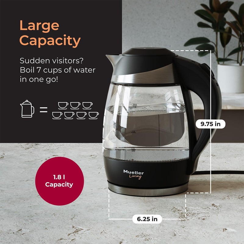Mueller Living Electric Kettle, Electric Tea Kettle for Boiling Water, 1500W SpeedBoil with Automatic Shutoff, 1.8L Cordless with LED Light, Borosilicate Glass Tea Kettle Pot Water Heater, BPA Free - Image 2