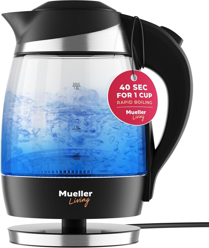 Mueller Living Electric Kettle, Electric Tea Kettle for Boiling Water, 1500W SpeedBoil with Automatic Shutoff, 1.8L Cordless with LED Light, Borosilicate Glass Tea Kettle Pot Water Heater, BPA Free - Image 1