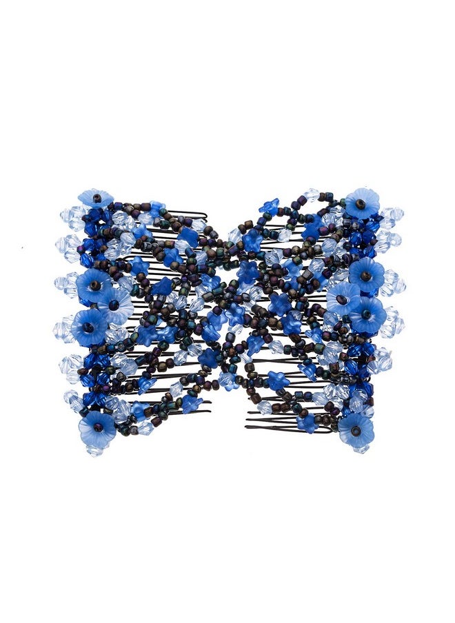Ruihfas - Vintage Beaded Crystal Flower Easy Stretchy Double Clips Hair Comb Hair Accessories (Blue) - Image 1