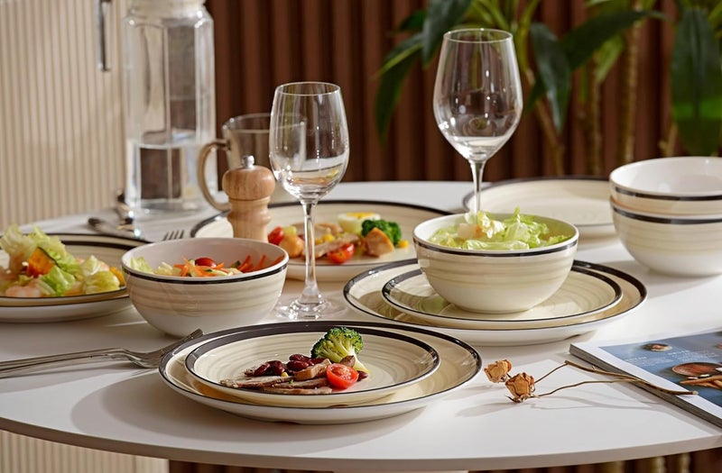 Hesinco Melamine Dinnerware Set for 4 12Pcs Dinnerware Sets Lightweight Plates And Bowls Sets Morden Dishes Sets for Indoor and Outdoor Use Dishwasher Safe BPA FreeOff White - Image 5