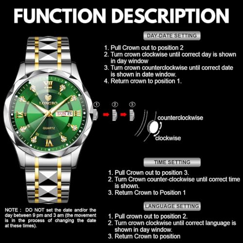 LONGBO Zenith Diamond Analog Watch for Men Business Stainless Steel Watches Luxury Men’s Wristwatch | Birthday Gift for Men | Gift for Husband | Gift for Brother (Silver-Gold-Green) - Image 4