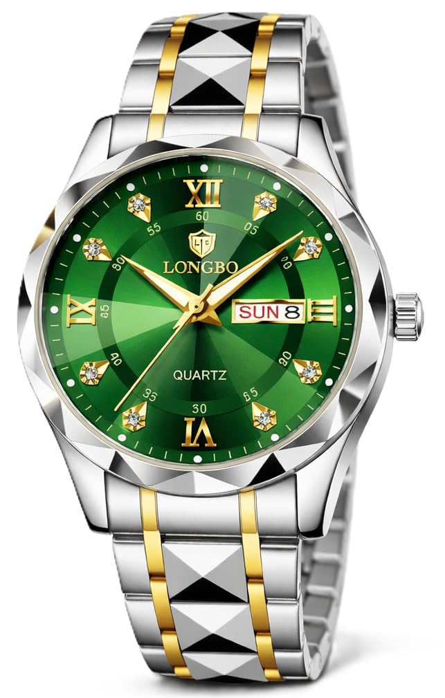 LONGBO Zenith Diamond Analog Watch for Men Business Stainless Steel Watches Luxury Men’s Wristwatch | Birthday Gift for Men | Gift for Husband | Gift for Brother (Silver-Gold-Green) - Image 1