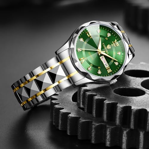 LONGBO Zenith Diamond Analog Watch for Men Business Stainless Steel Watches Luxury Men’s Wristwatch | Birthday Gift for Men | Gift for Husband | Gift for Brother (Silver-Gold-Green) - Image 2
