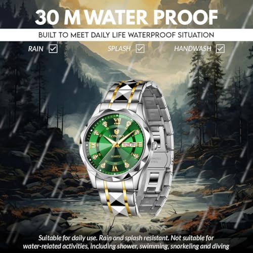 LONGBO Zenith Diamond Analog Watch for Men Business Stainless Steel Watches Luxury Men’s Wristwatch | Birthday Gift for Men | Gift for Husband | Gift for Brother (Silver-Gold-Green) - Image 5