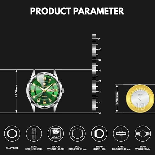 LONGBO Zenith Diamond Analog Watch for Men Business Stainless Steel Watches Luxury Men’s Wristwatch | Birthday Gift for Men | Gift for Husband | Gift for Brother (Silver-Gold-Green) - Image 3