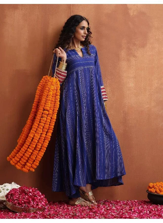 trueBrowns Blue Stripe Flared Anarkali Kurta Set