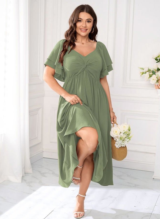 SCOMCHIC Women's Plus Size Wedding Guest Cocktail Dresses Sweetheart Neckline Ruffle Sleeve A Line Maxi Dress, Sage Green, XL Plus - Image 5