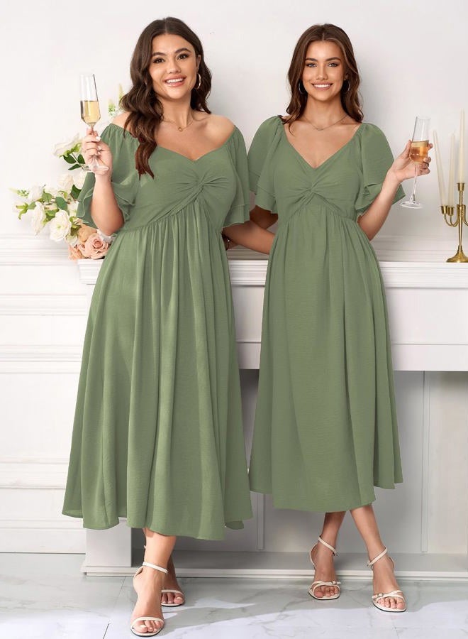 SCOMCHIC Women's Plus Size Wedding Guest Cocktail Dresses Sweetheart Neckline Ruffle Sleeve A Line Maxi Dress, Sage Green, XL Plus - Image 2