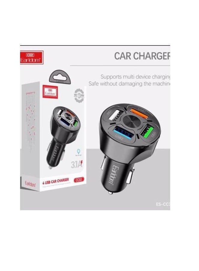 Earldom Car Charger Quick Charge 3.1A With LED 4 USB PORTS Black - Image 1