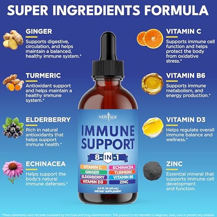NEW AGE 8-in-1 Immune Support Liquid Drops – Elderberry, Turmeric Curcumin, Echinacea, Ginger, Vitamins C & D3, Zinc & B6 – Fast-Absorbing Immune & Antioxidant Support – Non-GMO – 8 oz - Image 2