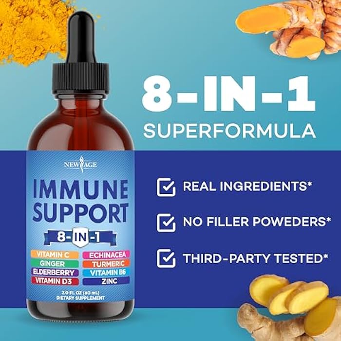 NEW AGE 8-in-1 Immune Support Liquid Drops – Elderberry, Turmeric Curcumin, Echinacea, Ginger, Vitamins C & D3, Zinc & B6 – Fast-Absorbing Immune & Antioxidant Support – Non-GMO – 8 oz - Image 4