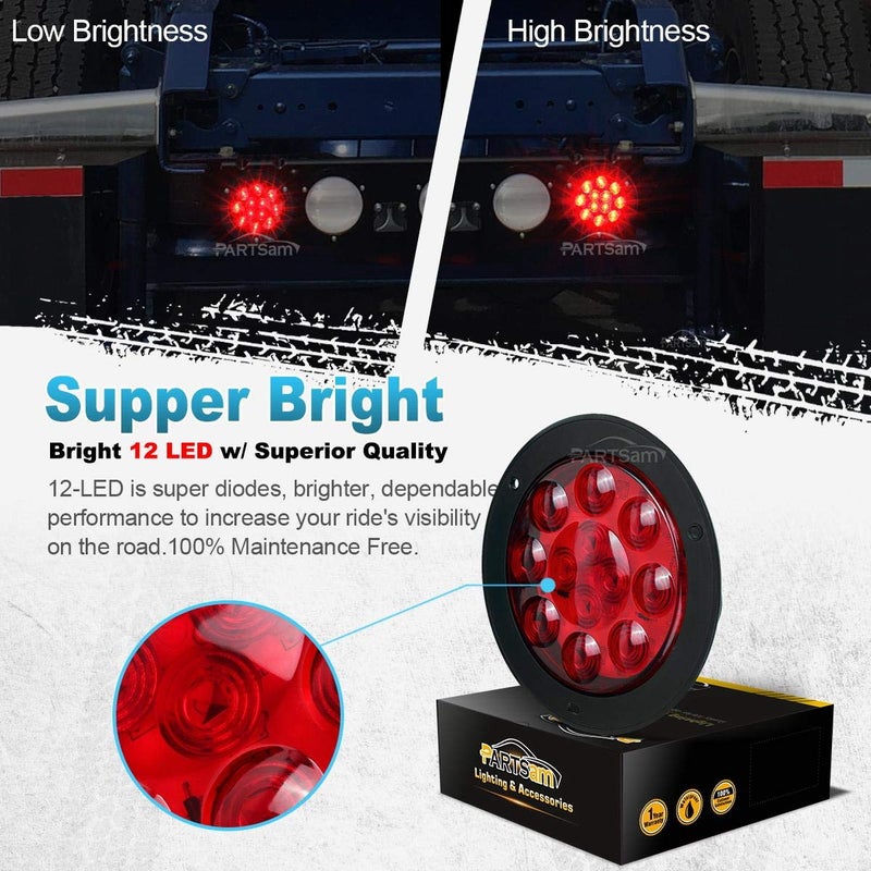 Partsam 2PCS 4" Red Stop Turn Tail Brake Truck Trailer Light Flange Mount 12 Diodes Utility - Image 4