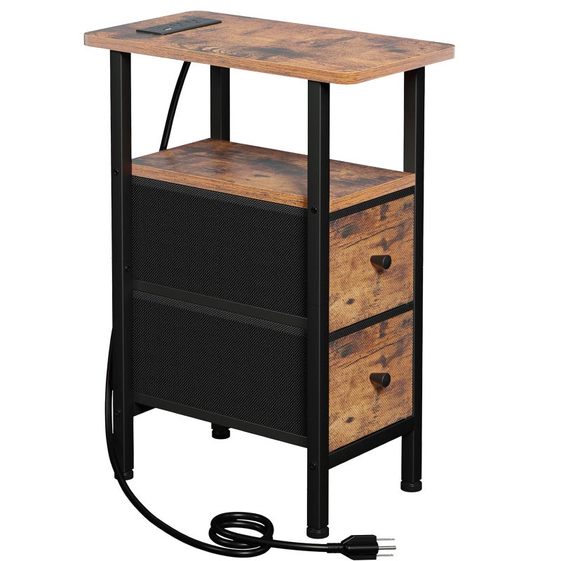 LOAKEKEL Narrow End Table Living Room with Charging Station, Skinny Side Table with Fabric Drawers, Slim Nightstand for Bedroom, Small Spaces, Couch, Brown, HETNDP02BR-1 - Image 1