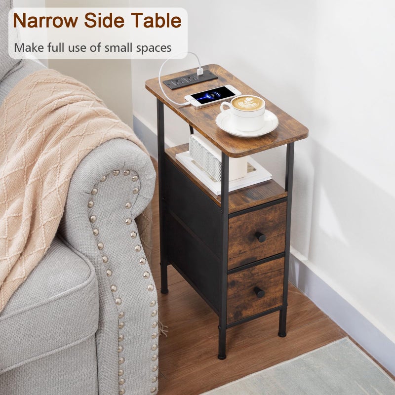 LOAKEKEL Narrow End Table Living Room with Charging Station, Skinny Side Table with Fabric Drawers, Slim Nightstand for Bedroom, Small Spaces, Couch, Brown, HETNDP02BR-1 - Image 2