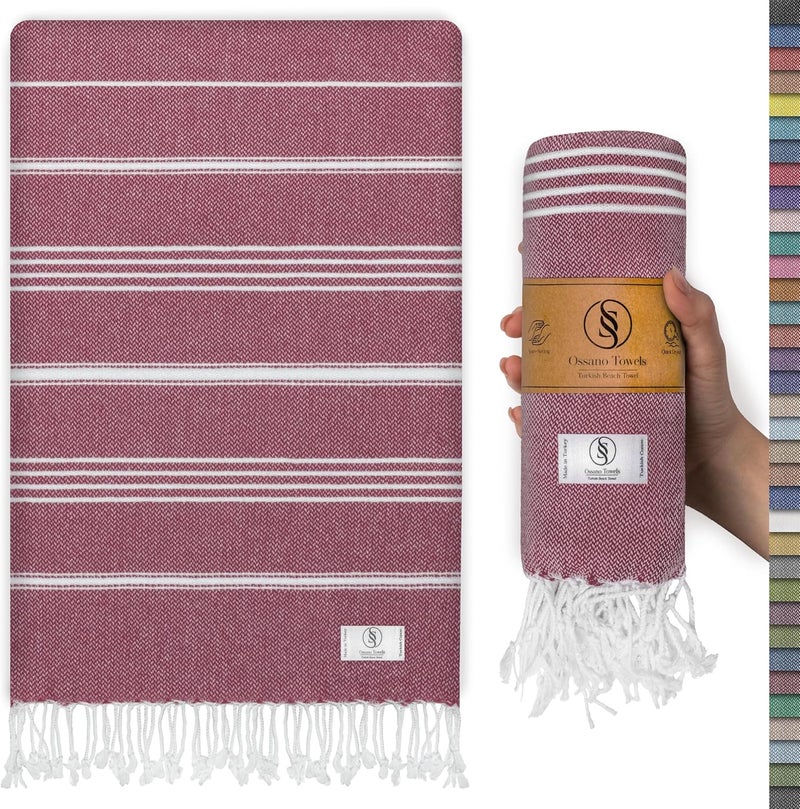 Ossano Turkish Beach Towel Lightweight & Striped Extra Large (39" x 71") - Quick Dry, Versatile and Functional as Bath, Yoga Mat, Gym Towel, Travel Blanket, Picnic Blanket - Burgundy - Image 1
