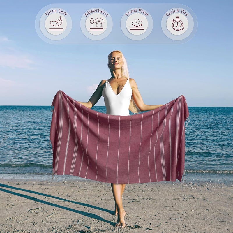 Ossano Turkish Beach Towel Lightweight & Striped Extra Large (39" x 71") - Quick Dry, Versatile and Functional as Bath, Yoga Mat, Gym Towel, Travel Blanket, Picnic Blanket - Burgundy - Image 2