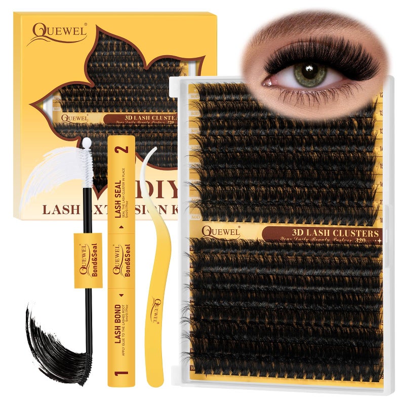 QUEWEL DIY Lash Extension Kit 320Pcs 80D100D 3D LashClusters 1218mm Volume Lash Clusters Kit with Lash Bond and Seal and Lash Tweezers Easy DIY at Home80100D 3D Kit