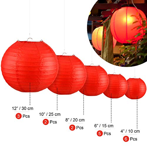 Pelopy 18 Pcs Red Paper Lanterns 4/6/8/12 Inches Chinese Japanese Round Lamp for Paper Lanterns Indoor Wedding Graduation Birthday Party Decorations - Image 2