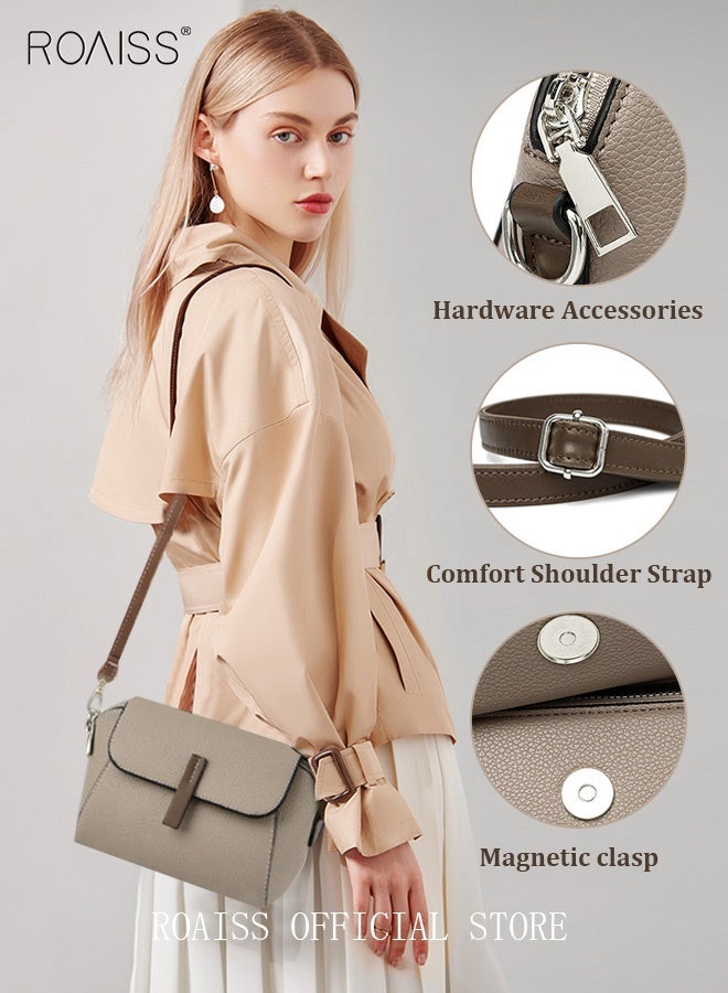 roaiss Women's New Fashion Bags Soft Leather Simple Classic Crossbody Bag Double Layer Compartment Magnetic Closure Handbag Shell Bag  - Image 4