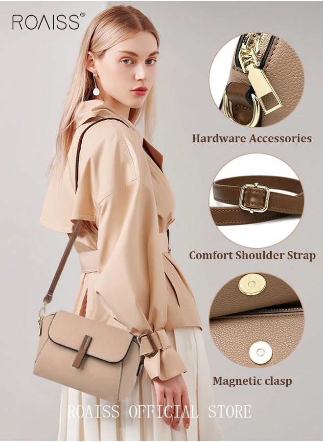 roaiss - Women's New Fashion Bags Soft Leather Simple Classic Crossbody Bag Double Layer Compartment Magnetic Closure Handbag Shell Bag - Image 1