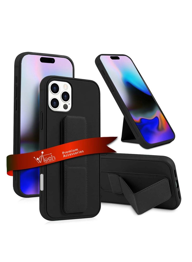 دبليو تيك ابل ايفون 16 برو 2024 مقبض يد قابل للطي مسند مغناطيسي سوار معصم مقبض اصبع مع غطاء جراب حديدي مدمج - أسود - Image 1