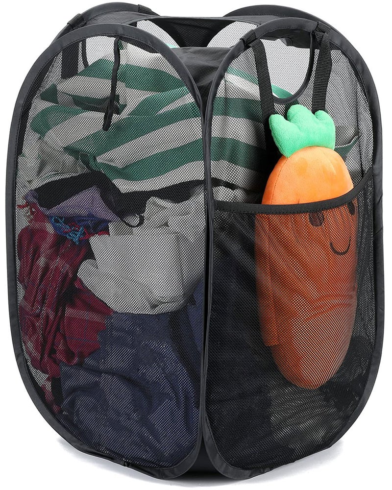 HOUSE AGAIN Mesh Popup Laundry Hamper Reinforced Collapsible Laundry Basket Foldable Pop Up Hamper with Durable Handles Easy to Open and Fold for Dorm Laundry Room Bedroom Travel Black