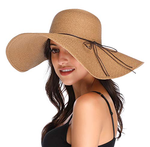 Lanzom Womens Wide Brim Straw Hat Big Floppy Foldable Roll up Cap Beach Sun Hat UPF 50+(String-Khaki) - Image 1