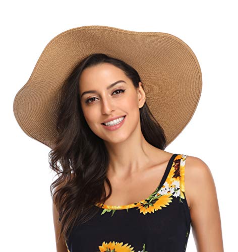Lanzom Womens Wide Brim Straw Hat Big Floppy Foldable Roll up Cap Beach Sun Hat UPF 50+(String-Khaki) - Image 3