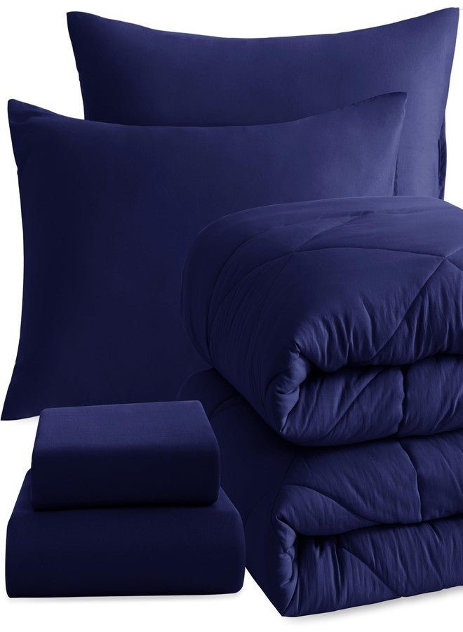 NTBAY Twin Comforter Set with Sheets, 5 Pieces Soft and Breathable Bedding Set, Bed in a Bag, Down Alternative Comforter Set Solid Color All Season, Kids Bedding Set, Navy Blue - Image 1