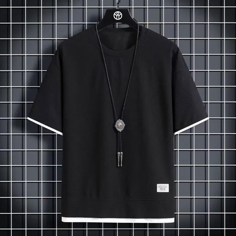 Summer Fake Two-Piece T-Shirt Men'S High-End Casual Large Size Sports Short-Sleeved Three-Quarter Sleeve Bottoming Shirt Men'S Large Size T-Shirt - Image 1