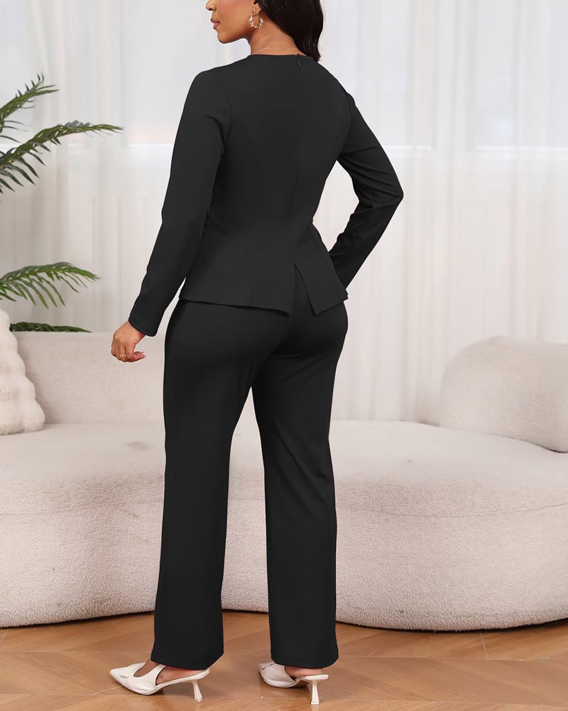 Aro Lora Women 2 Piece Outfits Casual Long Sleeve Irregular Hem Slit Top Pant Set Dressy Pantsuits Medium Black - Image 4